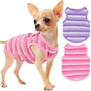 2-Piece Dog Clothes for Small Dogs Striped Dog Shirt Cute Girl Dog Clothes Pet Puppy Clothes Outfit Small Dog Clothes for Chihuahua, Yorkie, XS, Pink and Purple