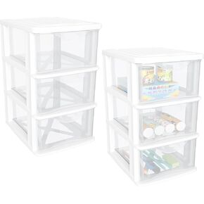 Mini Desktop White Storage Organizer Box Storage Container Case with 4 Clear Plastic Drawer Oragnizer for Arts and Crafts, Small Tools, Stationary, and Hardware 2 Pack