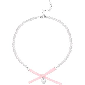 Y2K Kawaii Coquette Pink Bow Cutecore Aesthetic Beaded Choker Necklaces Jewelry Accessories for Girls