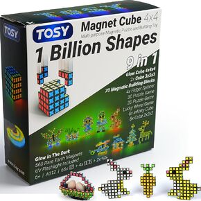 TOSY Magnet Cube 4x4 - 560 Magnets, 70 Blocks, 8in1 Toy: 4x4 or 3x3 or 2x2 Puzzle Cube, Transformable Fidget Spinner, Infinity Cube, Building Blocks, 2D&3D Puzzle Game, Glowing Easter Birthday Gift