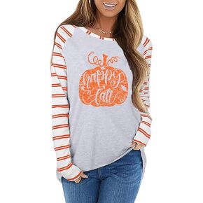 Happy Fall Shirt Women Thanksgiving Pumpkin Printed Shirts Leopard Splicing Long Sleeve T-Shirt Thankful Raglan Tops Blouse