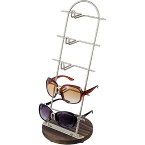 MyGift Modern 5-Tier Gold Metal Sunglasses Display Stand with Brown Wood Jewelry Ring Holder Base, Retail Eyewear Rack