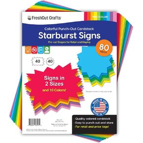 FreshCut Crafts 80 PCS STARBURST علامات متعددة الألوان علامات فارغة في أحجام لمبيعات التجزئة ، مصنوعة الولايات المتحدة تم وضع بطاقة لكمة لعلامات لبيع المرآب ساحة بيع دائرة الإعلام