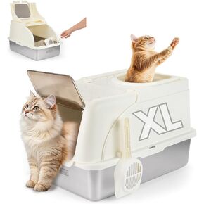 Stainless Steel Litter Box with Lid, XXL Enclosed Cat Litter Boxes, Extra Large Metal Litter Box, Covered Litter Box, Top Entry for Cats, Helps Reduce Odors, Leak-Resistant, Includes Litter Scoop