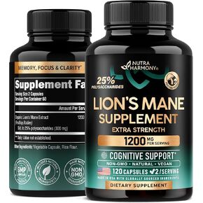 Organic Lions Mane - Certified Mushroom Supplement - Made in USA - Fruiting Bodies Extract - 1200 mg, 25% Polysaccharides - Memory & Focus - As Lions Powder, Liquid - 120 Capsules, 2 Month Supply
