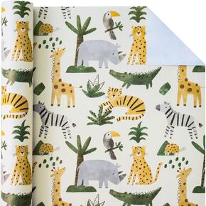 WRAPAHOLIC Reversible Baby Shower Wrapping Paper - Mini Roll - 17 Inch X 33 Feet - Grey Animal Design Neutral Baby Shower, Boys Girls Kids Birthday