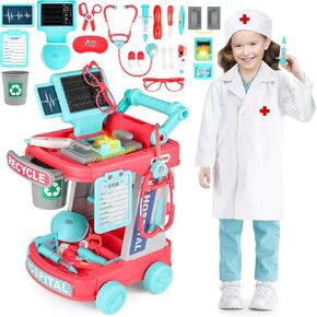 deAO Doctor Cart Kit for Kids Toy Pretend Playset with Doctor Costume Stethoscope and Medical Instruments Role Play Mobile Medical Station Set for Toddlers Girls Boys Age 3 4 5 5 6 (Blue)