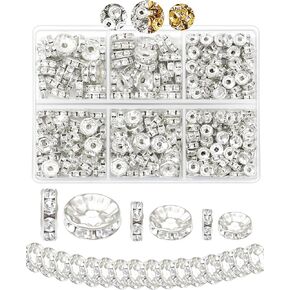 300pcs FIVEIZERO Rondelle Spacer Beads for Jewelry Making, 6mm, 8mm, 10mm Beads with Holes, Silver Rhinestone Beads for Beaded Pens, DIY Craft Supplies, Bracelets