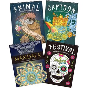 Adult Coloring Book Set of 4 for Women and Men,Spiral Bound Coloring Books for Adults Relaxation with Mandala Animal Festival and Cartoon,Perforated Pages Thick Paper,Stress Relief Gifts