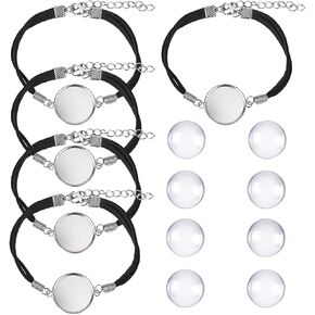 DROLE 40Pcs Black Leather Cabochon Bracelet Blanks-20Pcs 20mm Cabochon Bezel Tray Blank Bracelets with 20mm Cabochon Black Bracelet Chain for Jewelry Making Silver Base