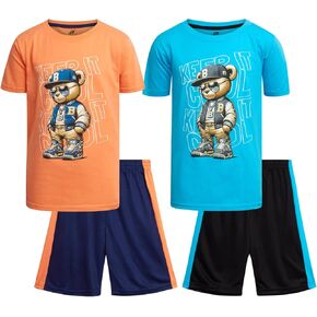 Boys' Active Shorts Set - 4 Piece Dry Fit Performance T-Shirt and Basketball Shorts (4-16), Size 14-16, RedBlack Goat