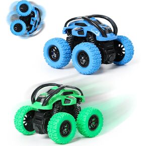 2 Pack Car Toys for 3 4 5 6 Year Old Boy Girl, Pull Back Cars Toys for Toddler Age 3-6, Monster Trucks Pull Back Vehicles Toys, 360° Rotating Stunt Car Toys for Kids Christmas Birthday Gifts