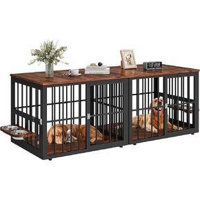 77.6" Large Corner Dog Crate Furniture for 2 Dogs, Large Wooden Dog Kennel with Dog Bowls & 3 Doors, Large Double Dog Crate Furniture TV Stand for Medium Large Dogs, Brown