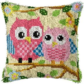 Howie's Needlepoint Latch Hook Kit, DIY Owl Pillow Cover Crochet Yarn Kits for Adult, Color Preprinted Pattern Embroidery Sofa Cushion Cover (Pink Owl, 16.93 x 16.93 inch)