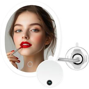 OVENTE 9'' Lighted Wall Mount Makeup Mirror with Mini Magnetic 10X Magnifying Mirror, Rechargeable Vanity Mirror, Touch Screen Dimmable LED Lights, Flexible Gooseneck & Suction Mounting, White MOW22W