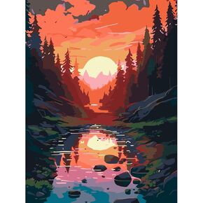Gouwgenr Bus Paint by Numbers for Adults, Sunset Landscape Paint by Numbers for Beginner, DIY Paint by Numbers on Canvas Bus Oil Painting Picture for Home Decor