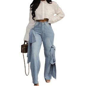 Vaceky Bow Tie Jeans Women Y2K High Waisted Straight Leg Trendy Denim Pants