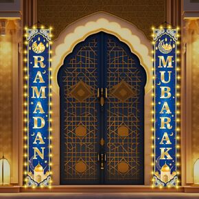 Ramadan Mubarak Banner with Light, Ramadan Mubarak Decorations Lighted Front Door Banner Eid Moon Decoration, Ramadan Eid Mubarak Party Supplies, Black