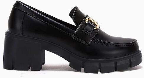 Coutgo Womens Chunky Platform Lug Sole Loafers Mid Heel Square Toe Dress Walking Work Shoes with Buckle Chain in Saudi Arabia