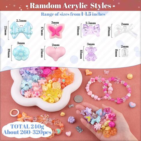 260-320pcs 6 ألوان مختلطة حبات أكريليك متنوعة لصنع سوار ، قوس Gummybear زهرة الفراشة Star Heart Kawaii سحر ، حبات لطيفة لصنع المجوهر in Kuwait