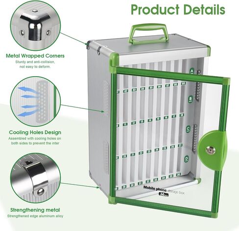 36 Slots Cell Phone Locker, Portable Phone Storage Cabinet Pocket Chart [Wall Mounted] [Aluminum Alloy] Key Lock Box with Handle for School Classroom Office Exam (Green) in Saudi Arabia