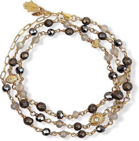 KARMA AND LUCK - Divine Happiness - Women's Genuine Citrine Labradorite Moonstone 18K Gold Plated Brass Evil Eye Wrap Bracelet. Length: 19" to 22". Protection Wrap Bracelet, Ready to Gift for Her. in Saudi Arabia