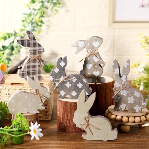 6 Pcs Easter Bunny Table Wooden Signs Bunny Shaped Farmhouse Decor with Rope Easter Egg Decor Easter Tiered Tray Decor for Home Office Party Centerpiece Decoration(Novelty) in Saudi Arabia