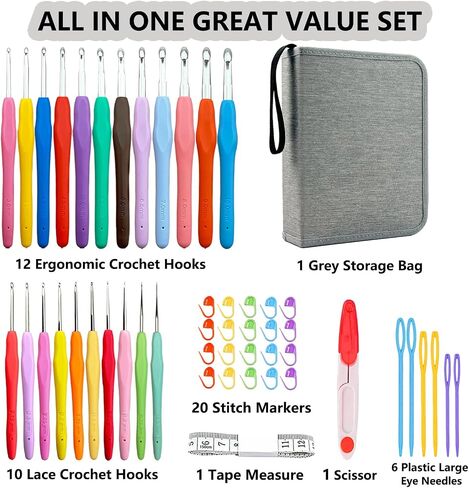 Hobekoee 22 Sizes Crochet Hooks Set with Sky Blue Case,0.5mm-10mm Ergonomic Soft Handle Crochet Hook Needles Set for Arthritic Hands,Complete Crochet Set in Kuwait