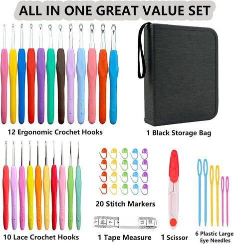 Hobekoee 22 Sizes Crochet Hooks Set with Sky Blue Case,0.5mm-10mm Ergonomic Soft Handle Crochet Hook Needles Set for Arthritic Hands,Complete Crochet Set in Kuwait