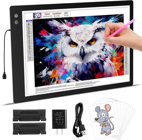 Keiwrlight A4 Diamond Art Light Board - صندوق ضوء رفيع قابل لإعادة الشحن لتتبع 5 مستويات السطوع A4 Light Pad لطلاء الماس الرسم الوشم الإكسسوارات Art Child W/Case in Kuwait