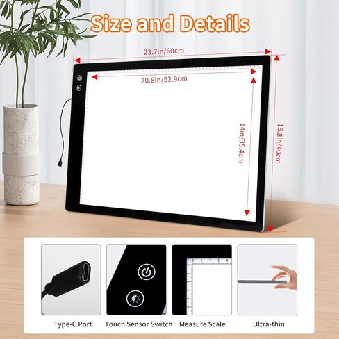Keiwrlight A4 Diamond Art Light Board - صندوق ضوء رفيع قابل لإعادة الشحن لتتبع 5 مستويات السطوع A4 Light Pad لطلاء الماس الرسم الوشم الإكسسوارات Art Child W/Case in Kuwait