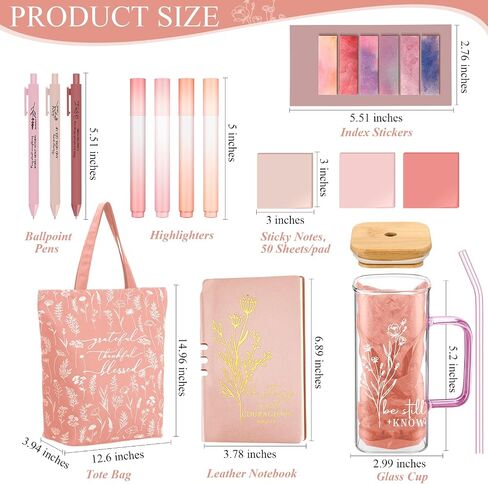 14 Pcs Bible Journaling Kit 16 oz Green Glass Cup Canvas Bag A6 Leather Journal Notebook Bible Highlighters Ballpoint Pens Sticky Note Sticker Bible Study Supplies for Women Mom Sister Wife in Kuwait
