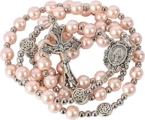 Nazareth Store Blue Pearl Beads Rosary Catholic Necklace with Miraculous Medal Cross Crucifix Silver Tone Rosaries in Velvet Bag in Kuwait