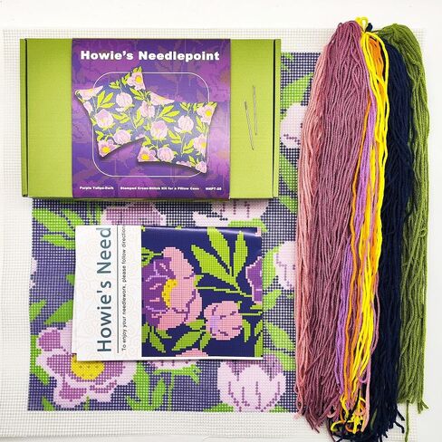 Howie's Needlepoint Needlepoint Kits for Adults, Pillow Front Cross Stitch Kit with Embroidery Pattern on Canvas, Yarn, 2 Needles and Instruction, 16 x 16inch(Pink Tulips) in Kuwait
