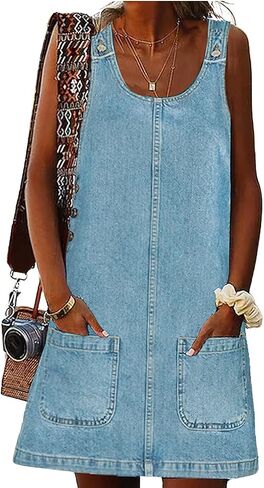 ebossy Women's Vintage Distressed Sleeveless Baggy Loose Denim Mini Dress with Pocket in Saudi Arabia