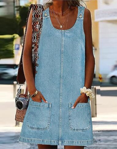 ebossy Women's Vintage Distressed Sleeveless Baggy Loose Denim Mini Dress with Pocket in Saudi Arabia