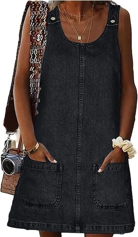 ebossy Women's Vintage Distressed Sleeveless Baggy Loose Denim Mini Dress with Pocket in Saudi Arabia
