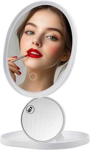 OVENTE 9'' Lighted Wall Mount Makeup Mirror with Mini Magnetic 10X Magnifying Mirror, Rechargeable Vanity Mirror, Touch Screen Dimmable LED Lights, Flexible Gooseneck & Suction Mounting, White MOW22W in Saudi Arabia