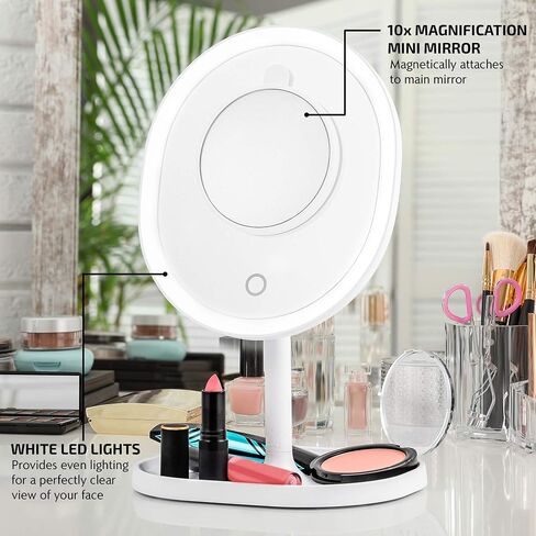 OVENTE 9'' Lighted Wall Mount Makeup Mirror with Mini Magnetic 10X Magnifying Mirror, Rechargeable Vanity Mirror, Touch Screen Dimmable LED Lights, Flexible Gooseneck & Suction Mounting, White MOW22W in Saudi Arabia
