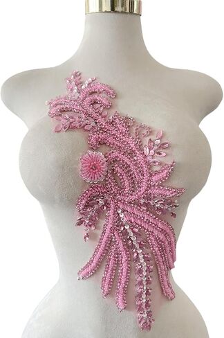 Pure Handmade Bodice lace Applique Hand Sewing Beaded Sequins Trim Patches for Dress Accessories 5.9X17.7inches (Silver) in Kuwait