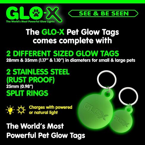 GLO-X Dog Collar Glow Tag - 2 x Glow in The Dark Dog Collar Glow Tags to Keep Your Dogs Safe at Night - 12+ Hours Glow Time - Charges in Daylight - No Batteries Required - Cool Dog Accessories Gift in Kuwait