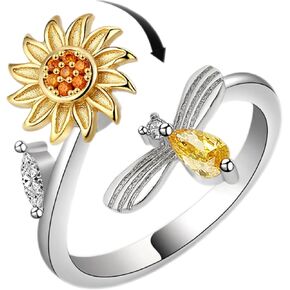 Sunflower Fidget Ring Anxiety Ring Fidget Spinner Ring Open Adjustable Rings Daisy Stress Relieving Ring Fidget Women Cubic Zirconia Anti Stress Mood Rings Valentine's Day Gift