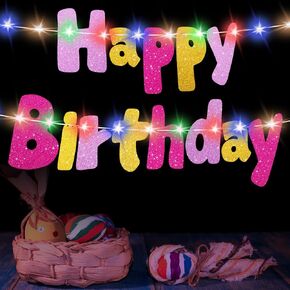 Ireer Light up Happy Birthday Banner for Carnival Purple and Green Glitter Carnival Decorations Hanging Paper Garland for Birthday Party Decorations 6.6 Feet in Length