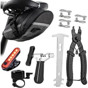 Bike Chain Repair Tool Kit Portable, Bike Link Plier, Chain Breaker Splitter, Wear Indicator Checker + 3 Pairs Bicycle Missing Links for 6/7/8/9/10 Speed Chain, Rechargeable Bike Taillight, Bike Horn