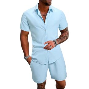 Floerns Men's 2 Piece Outfit Short Sleeve Shirt Blouse and Drawstring Shorts Set