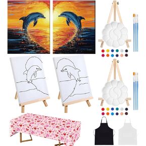 Feifeiya 2 Set Sip and Paint Kit Valentines Couple Painting Kit Art Pre Drawn Canvas Paint Kit for Adults Couple Date Night Party Pre Drawn Blank Painting Valentine's Day Gifts(Dolphin Kiss)