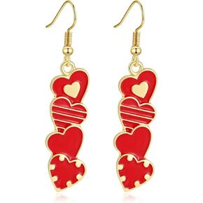 Valentine's Day Red Pink Heart Earrings – Romantic Double Heart Enamel Heart Dangle Jewelry Gift for Women