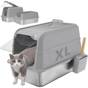 Covered Stainless Steel Litter Box with Lid, XL Extra Large Cat Litter Box, Enclosed Metal Litter Pan with High Sided Enclosure & Scoop, Anti Leakage, Easy to Clean, Odor Control(Grey)