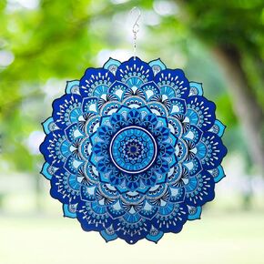 Wind Spinner Yard Art Garden Decor 3D Stainless Steel Metal Sculptures Kinetic Hanging Whirligigs Blue Mandala Decorations Backyard Outside Indoor Outdoor Patio Ornaments Clearance Windmill