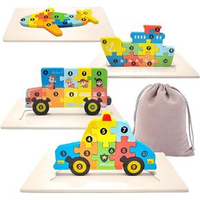 Wooden Toddler Puzzles for Kids Ages 3-5, Wooden Puzzles for Toddler, Montessori Toys for 3 Year Old Boys and Girls, 3-Pack Dinosaur Puzzles and 1-Pack Animal Wooden Puzzle